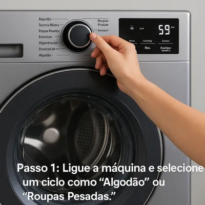 Passo 1 Ligue a máquina e selecione um ciclo como Algodão ou Roupas Pesadas.
