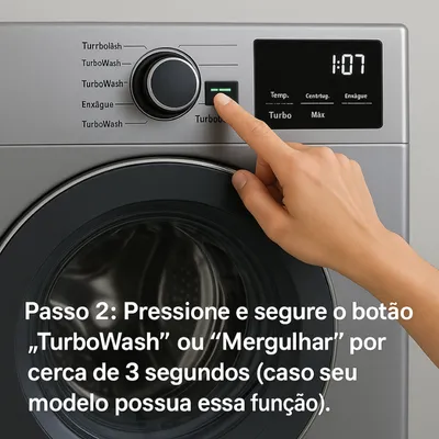 Passo 2 Pressione e segure o botão TurboWash ou Mergulhar por cerca de 3 segundos (caso seu modelo possua essa função).