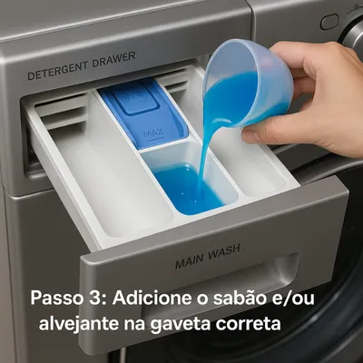 Passo 3 Adicione o sabão eou alvejante na gaveta correta.